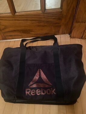Reebok Black Mesh Duffel Tote with Pink Logo